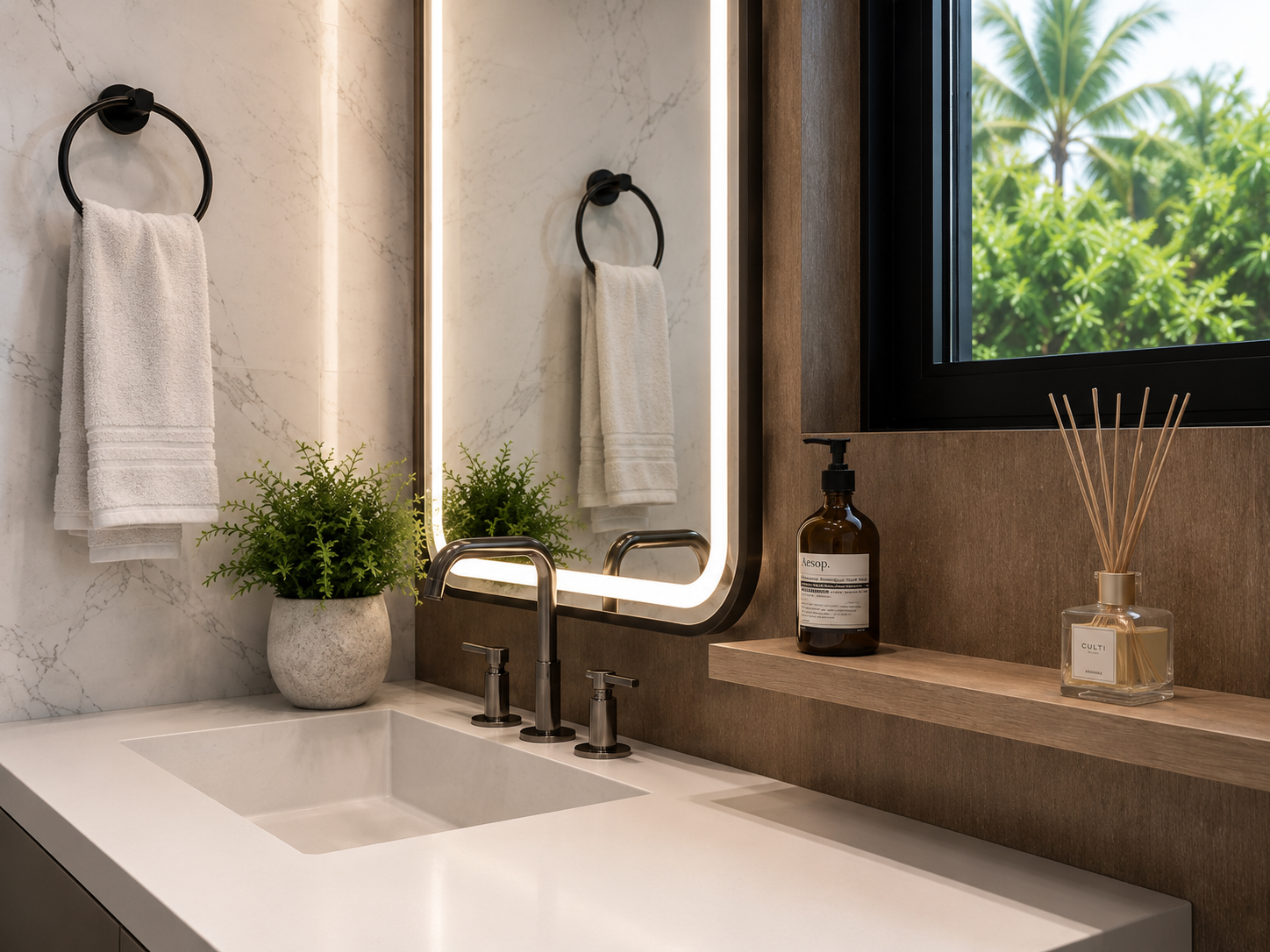 The Summit penthouse bathroom sink and toilet, daytime close up